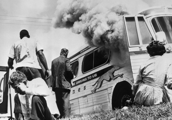 Freedom Riders Near Burning Bus