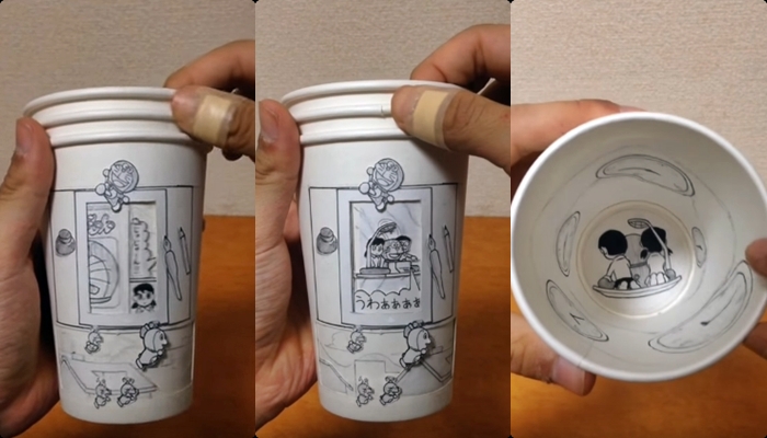 Guy Creates A Doraemon Episode Using Just Three Styrofoam Cups – Really Impressive